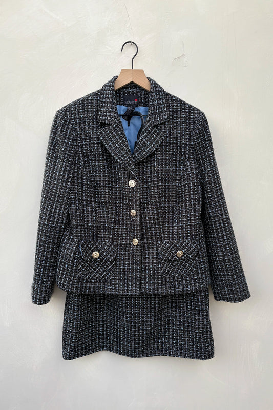 Vintage 90's Black Blue Tweed Skirt Suit Skirt Set, Upcycled US 12