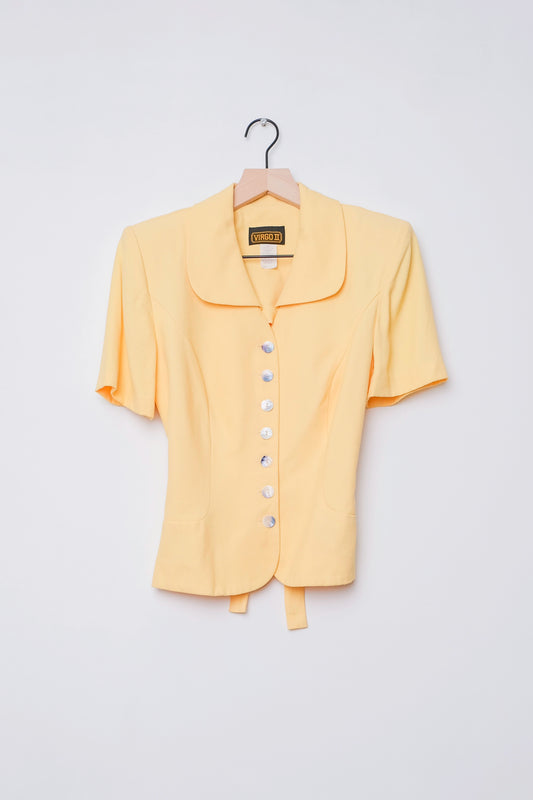 Canary Yellow Virgo II Club Collar Short Sleeve Button Down Blouse US 8, 80's