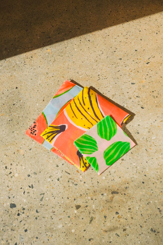 3-Pack Beeswax Wrap, Banana Papaya Watermelon Tropical Fruit Print