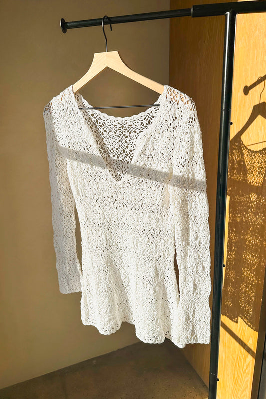 White Crochet Knit Dress Swim Cover US 6 S/M 90's