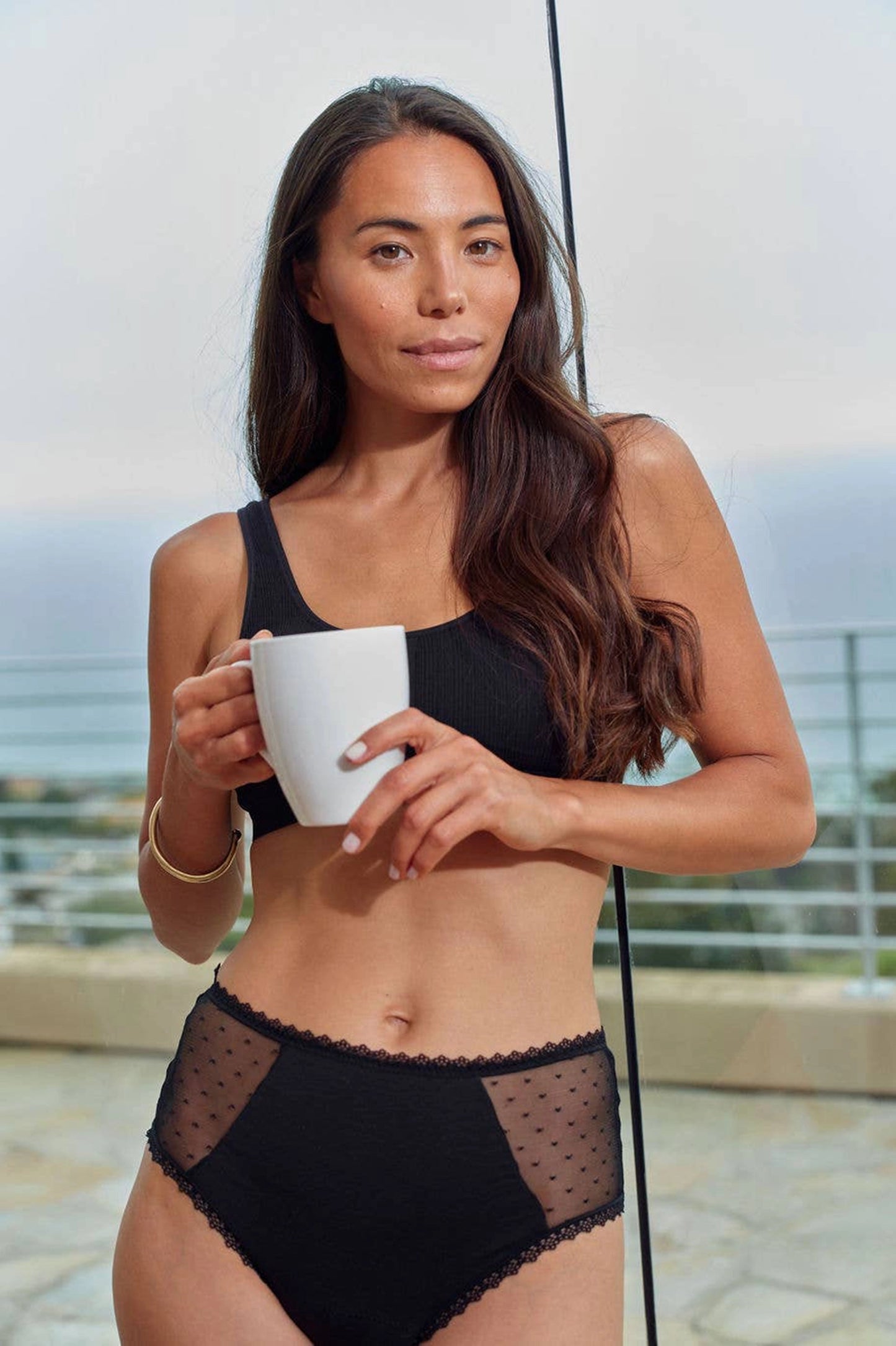 Leakproof Mid-Rise Mesh Panel Underwear, Black