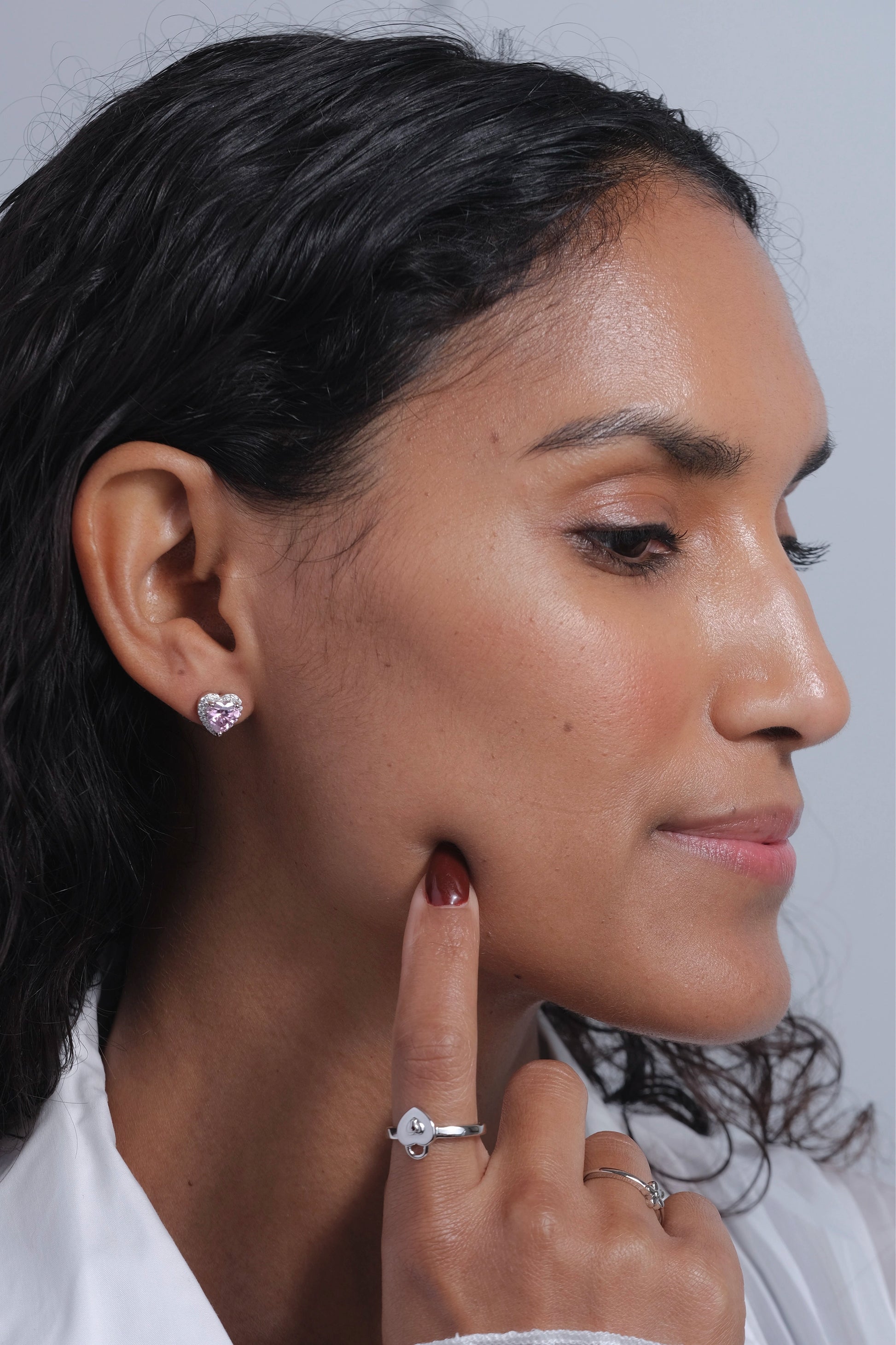 Pink Crystal Heart Studs - cream
