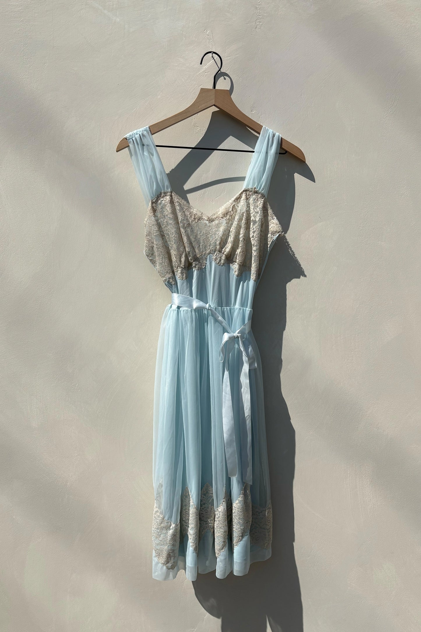 Baby Blue Sheer A-Line 60's Nightgown Lace Trim Dress, US 8 M/L