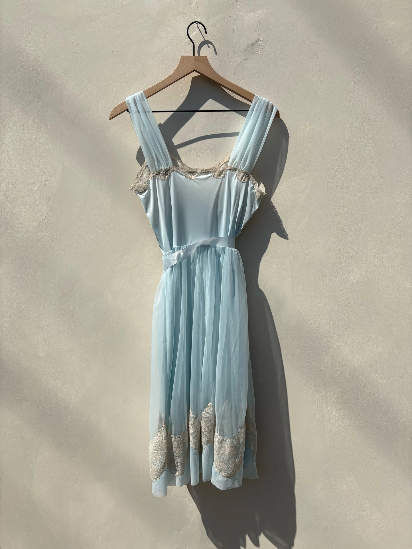 Baby Blue Sheer A-Line 60's Nightgown Lace Trim Dress, US 8 M/L