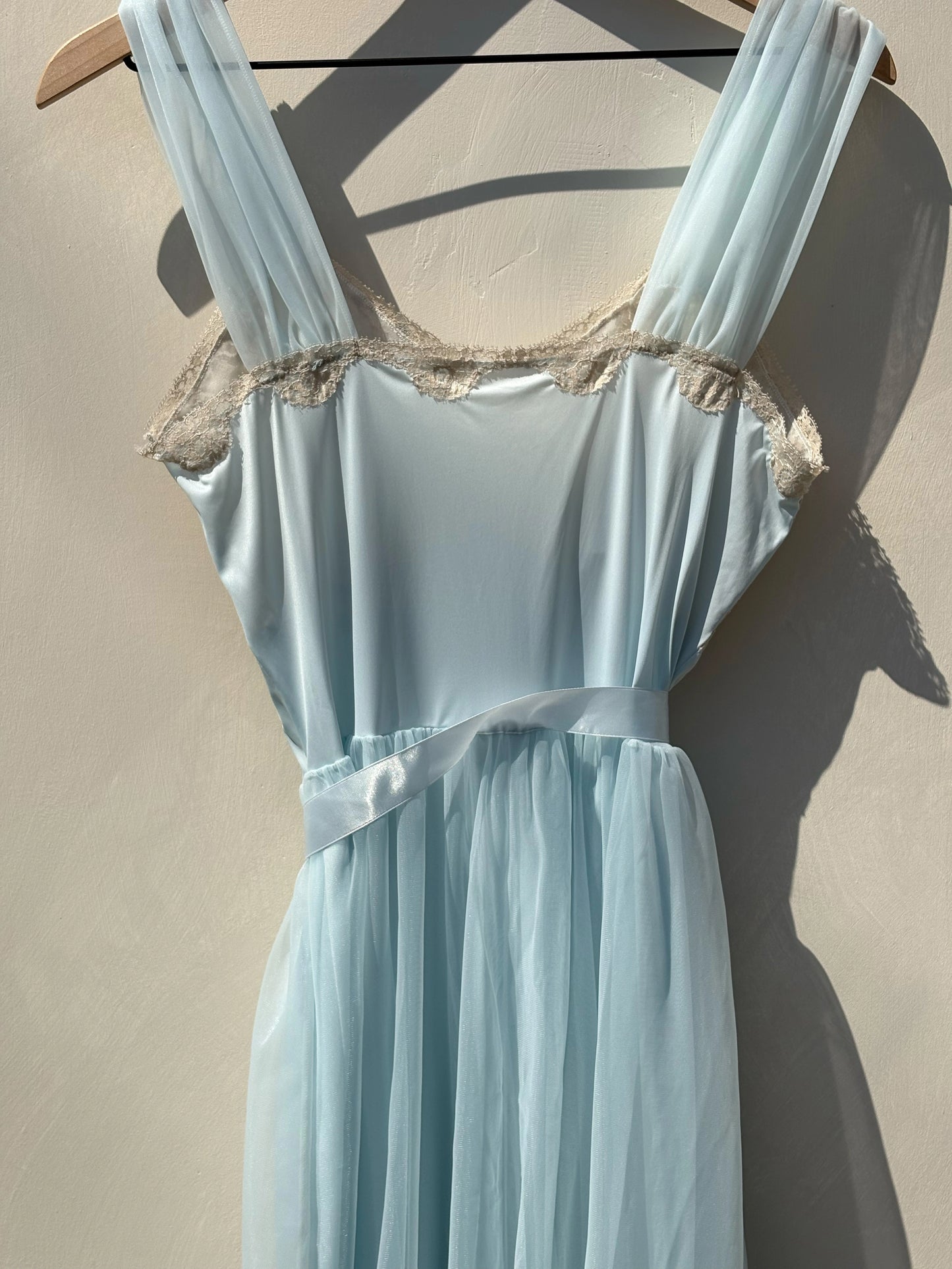 Baby Blue Sheer A-Line 60's Nightgown Lace Trim Dress, US 8 M/L