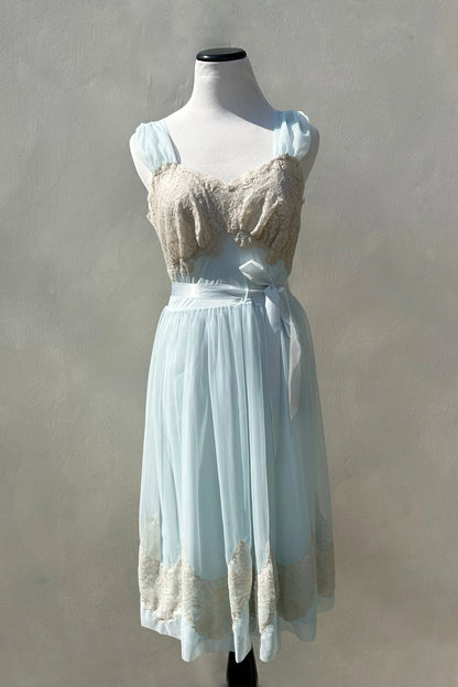 Baby Blue Sheer A-Line 60's Nightgown Lace Trim Dress, US 8 M/L