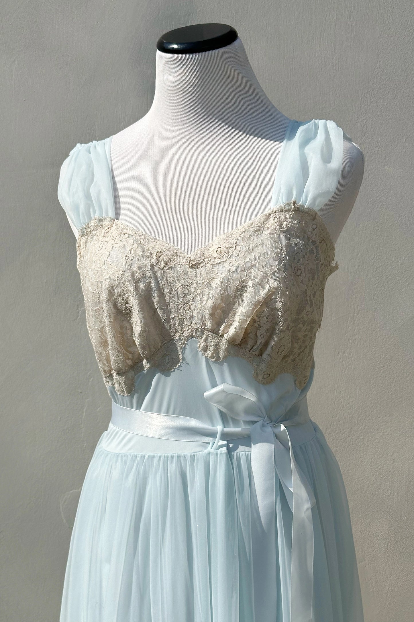 Baby Blue Sheer A-Line 60's Nightgown Lace Trim Dress, US 8 M/L