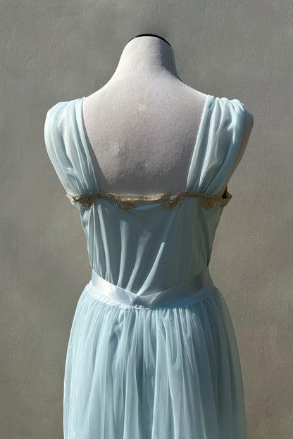 Baby Blue Sheer A-Line 60's Nightgown Lace Trim Dress, US 8 M/L