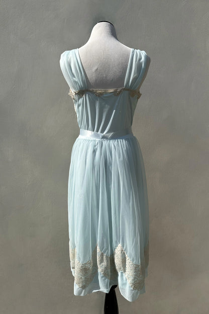 Baby Blue Sheer A-Line 60's Nightgown Lace Trim Dress, US 8 M/L