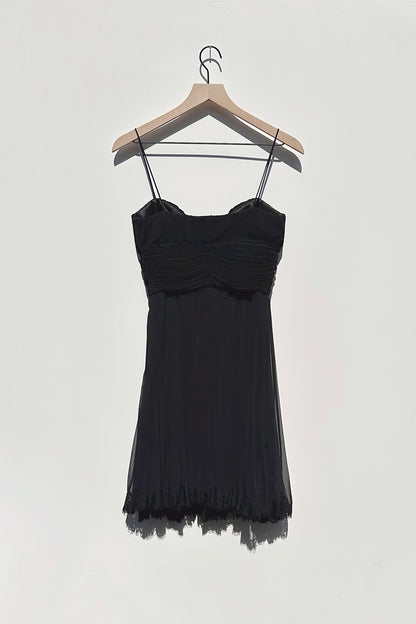 Allen Schwartz Black Pleated Silk Evening Dress, US 4 90's