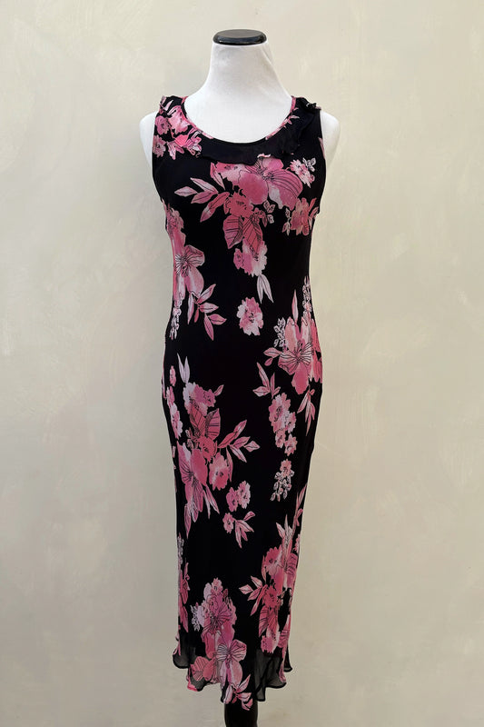 Black Pink Floral Ruffle Midi Dress, US Size 8, Vintage 2000s Fitted Style & Co Y2K