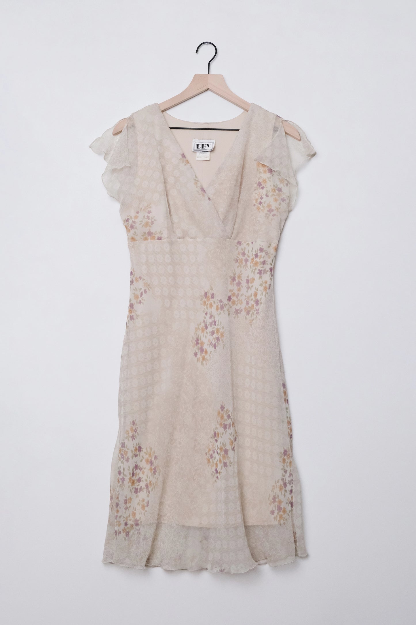 DBY Ltd Floral Digital Patchwork Print Dress Cream Flutter Sleeve, Y2K US 6