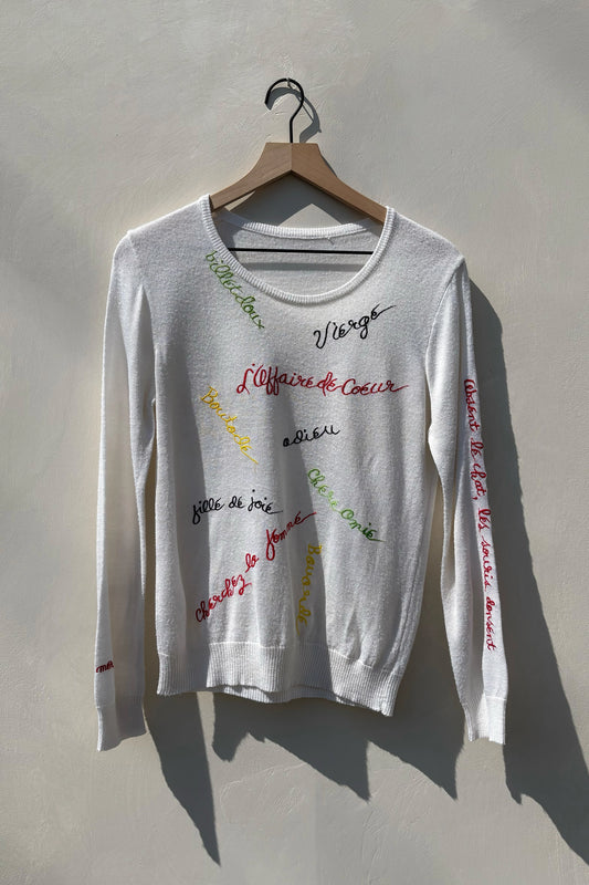 Naughty Embroidered French Words Long Sleeve Knit Top Cream Kitsch, US 4