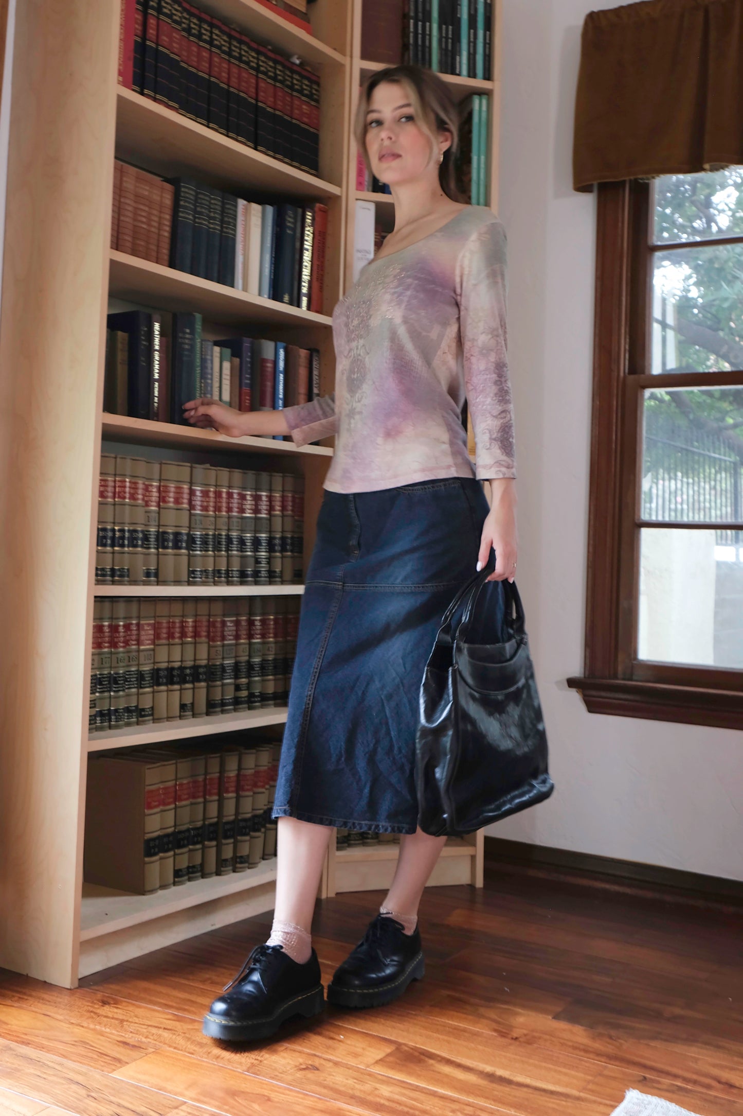 Halogen Dark Blue Denim A-Line Midi Skirt, Y2K