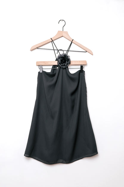 Lucy Love Black Halter Dress Silk Rose US 6 M Y2K