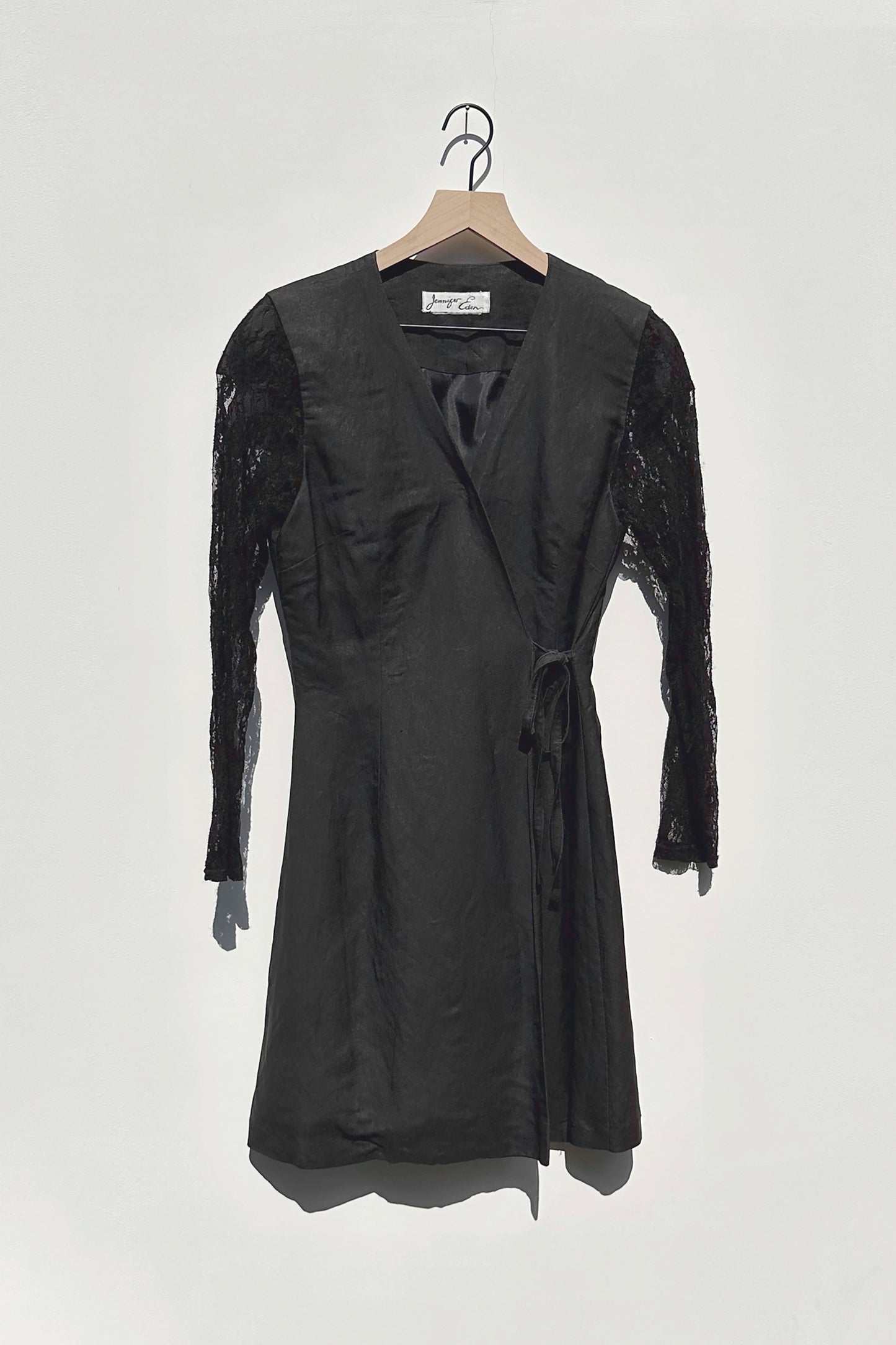Black Linen & Lace Dress US 6, 80's Knee Length Jennifer Eden