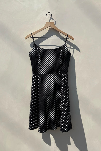 90's Black Polka Dot A-Line Mini Dress, US 6 M Spaghetti Strap Cotton