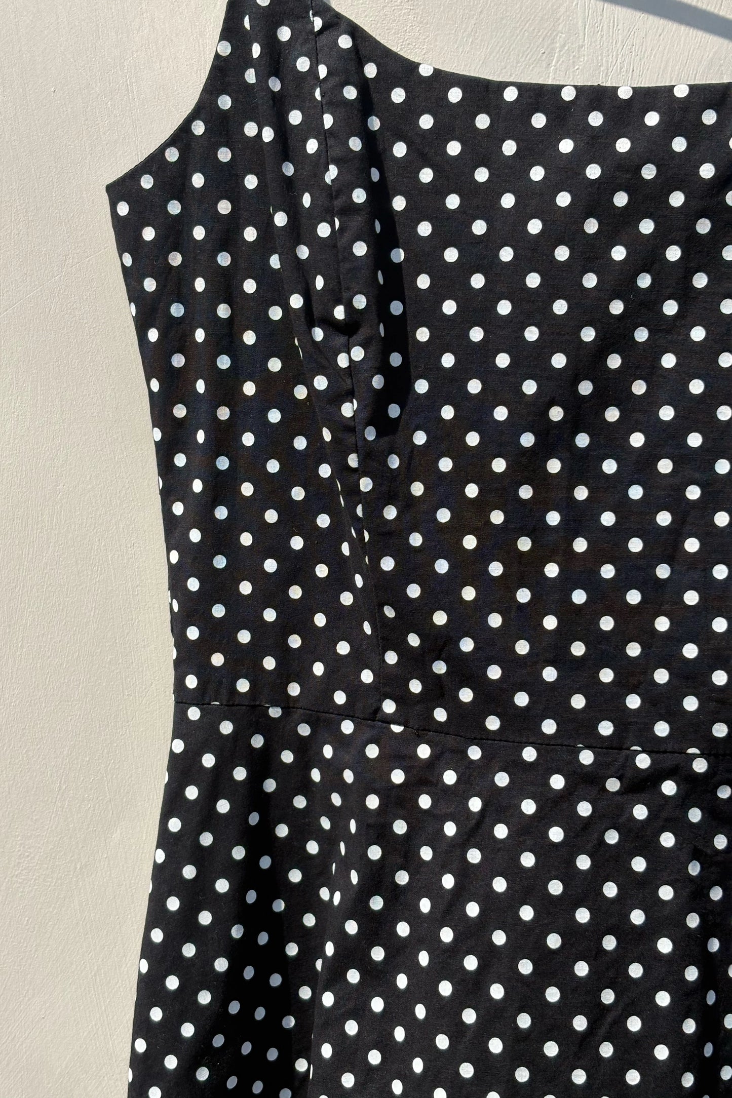 90's Black Polka Dot A-Line Mini Dress, US 6 M Spaghetti Strap Cotton