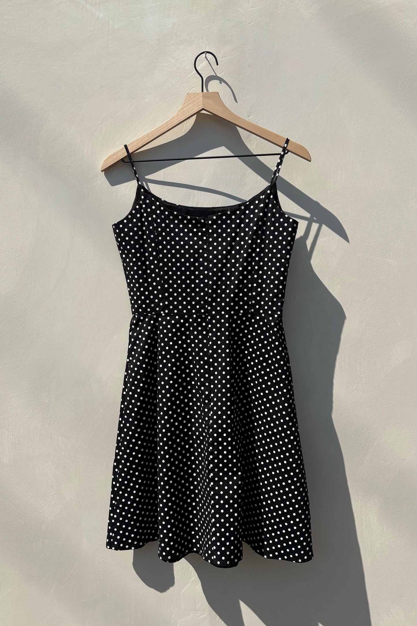 90's Black Polka Dot A-Line Mini Dress, US 6 M Spaghetti Strap Cotton