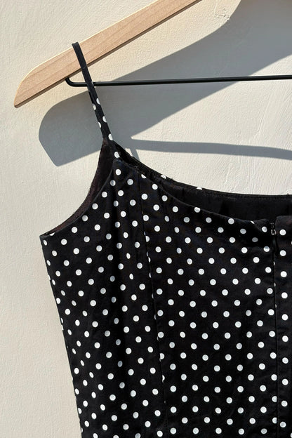 90's Black Polka Dot A-Line Mini Dress, US 6 M Spaghetti Strap Cotton