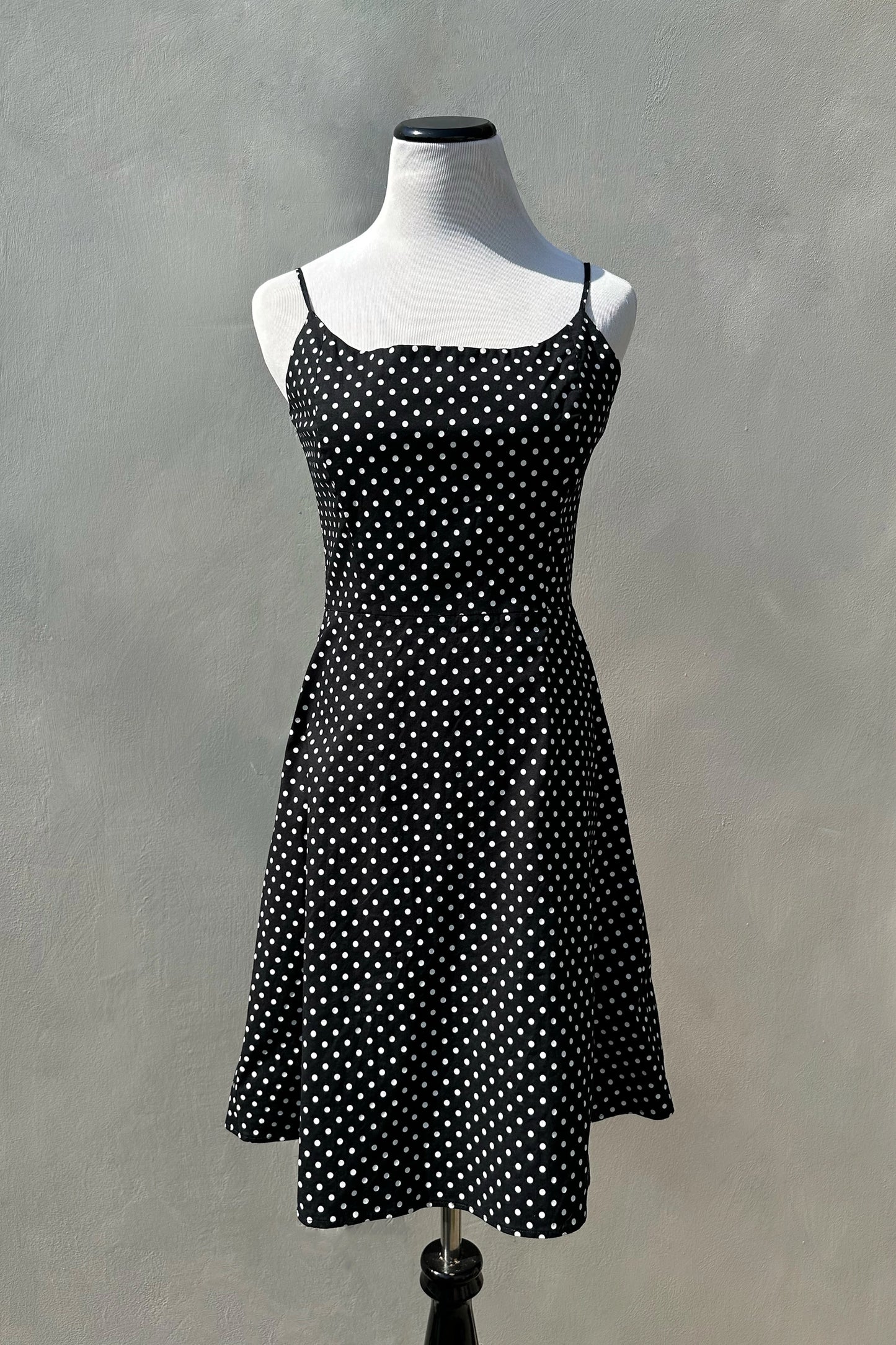 90's Black Polka Dot A-Line Mini Dress, US 6 M Spaghetti Strap Cotton