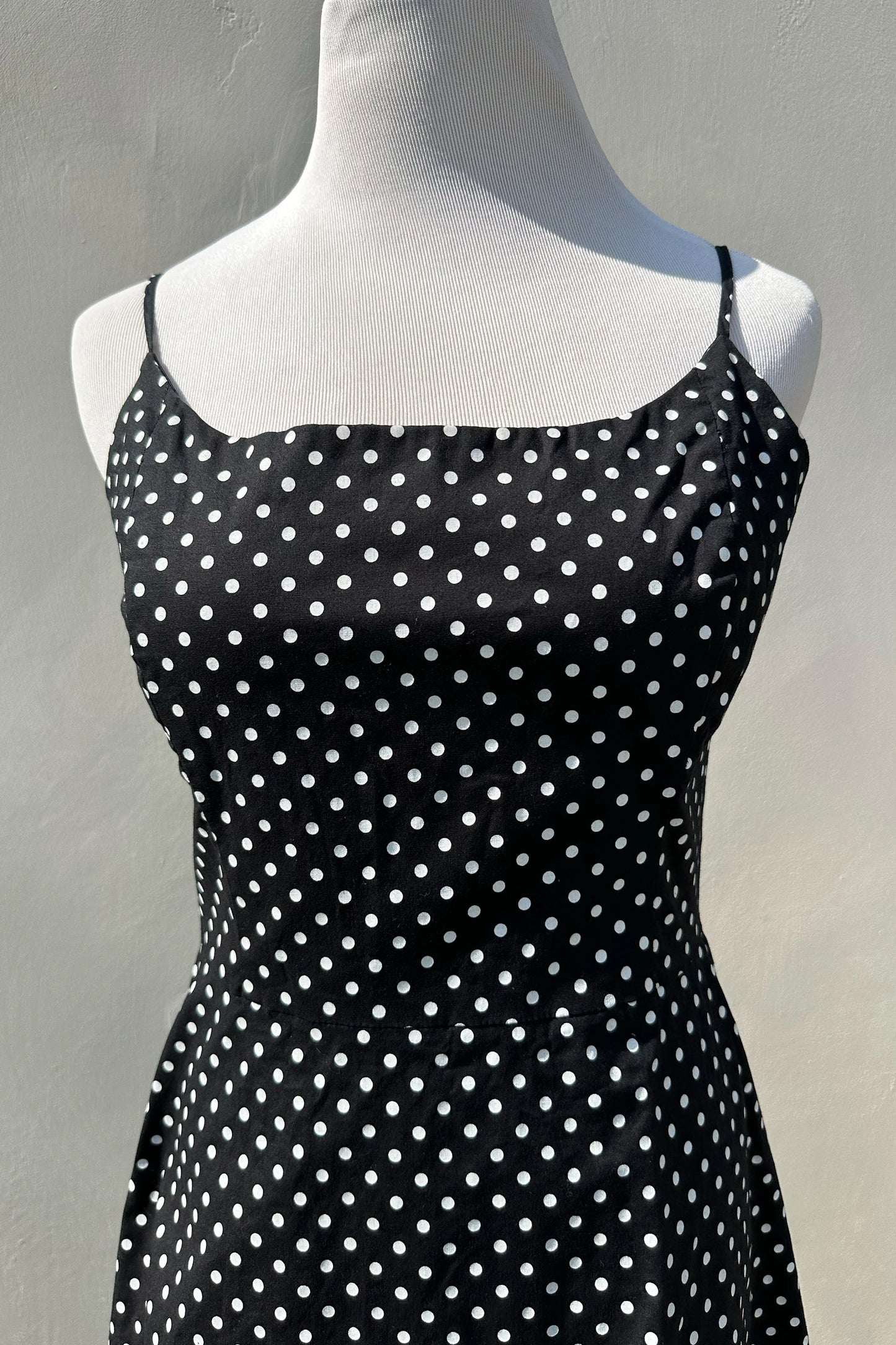 90's Black Polka Dot A-Line Mini Dress, US 6 M Spaghetti Strap Cotton