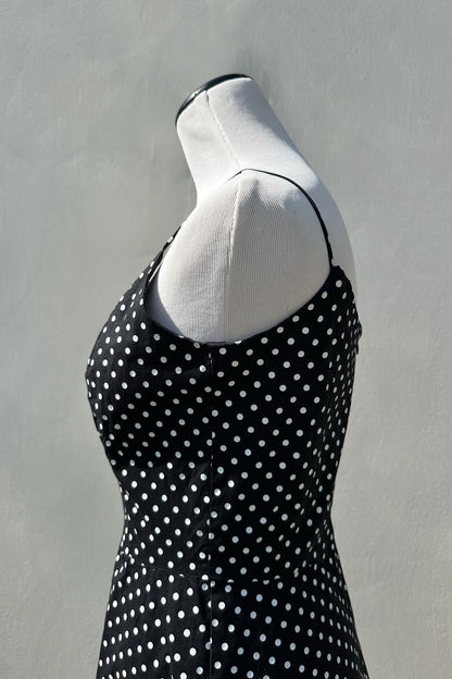 90's Black Polka Dot A-Line Mini Dress, US 6 M Spaghetti Strap Cotton