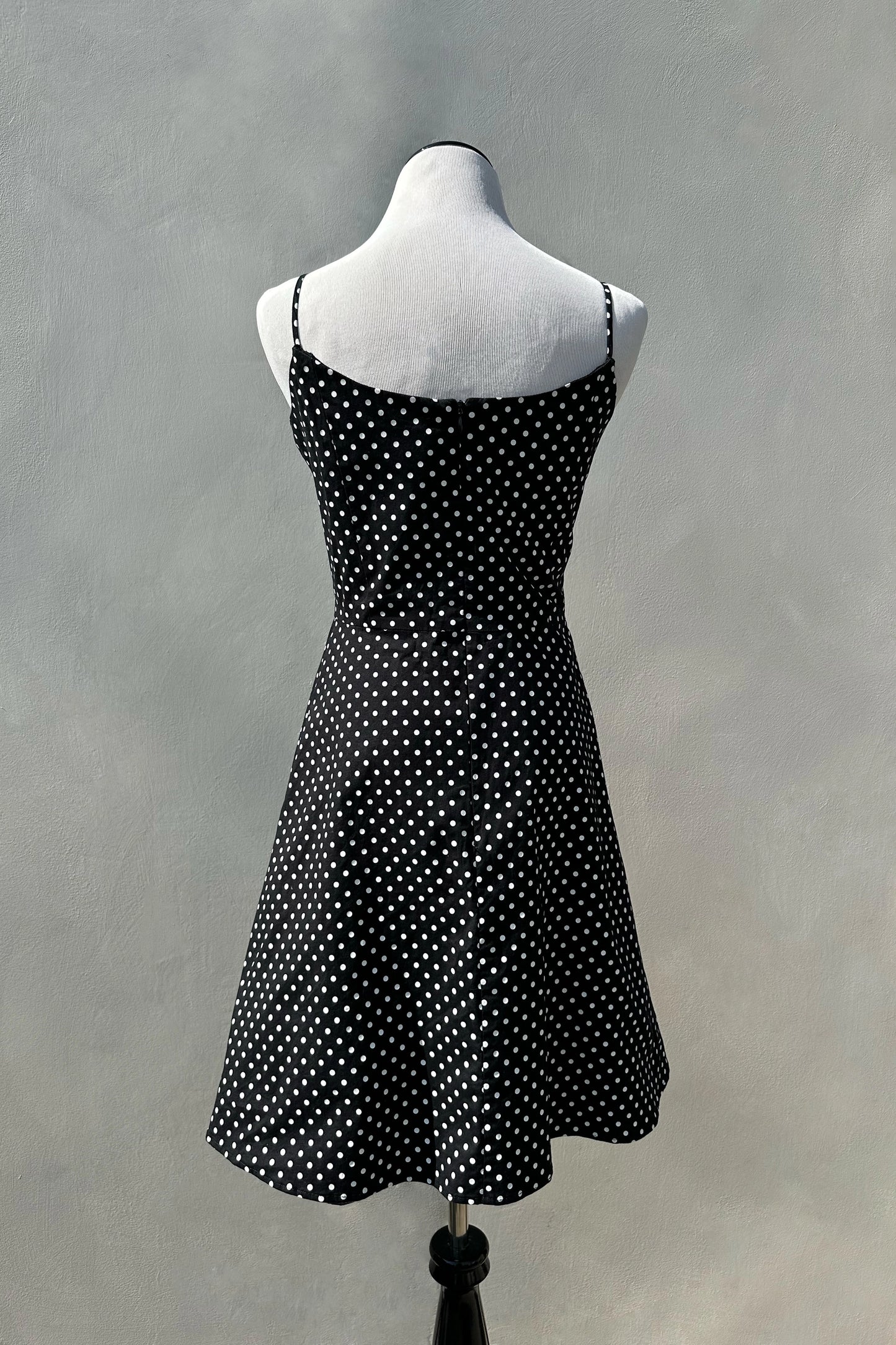 90's Black Polka Dot A-Line Mini Dress, US 6 M Spaghetti Strap Cotton