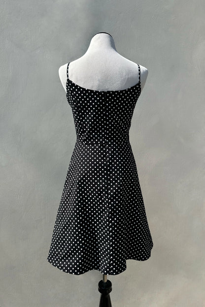 90's Black Polka Dot A-Line Mini Dress, US 6 M Spaghetti Strap Cotton