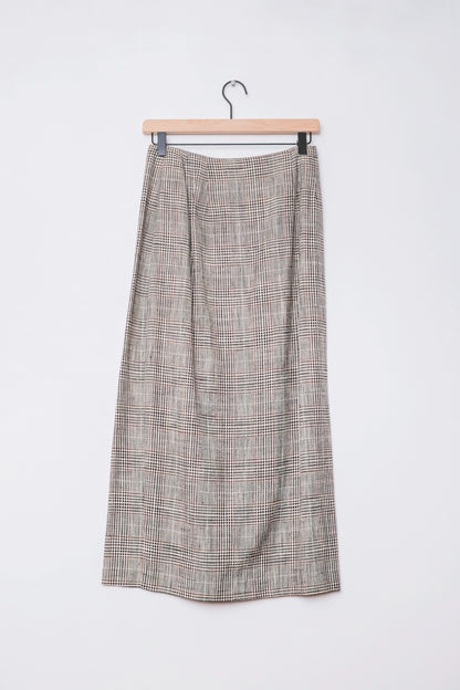 Plaid Brown Linen Blend Midi Skirt US 8, 80's Karen Kane