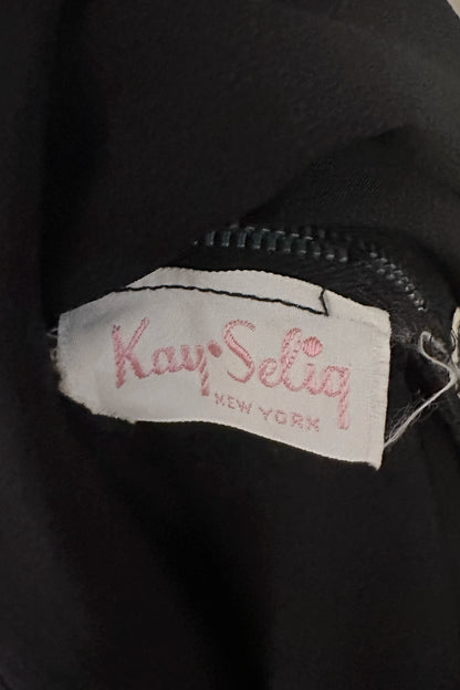 Kay Selig 1950's Black Chiffon Silk Party Dress Flower US 2 Sleeveless V Neck