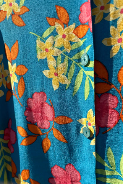 Cerulean Blue Tropical Floral Short Sleeve Button Down US 16 XL 90's