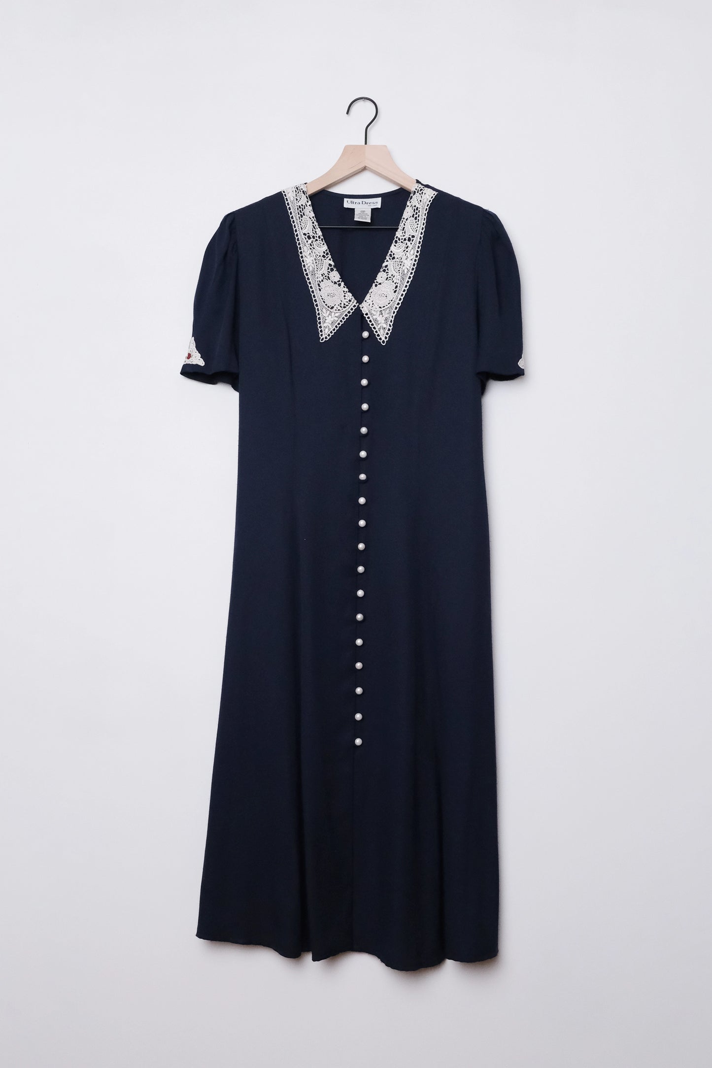 Pearl Button Dress Navy Blue with Lace Sailor Collar 90's US 10