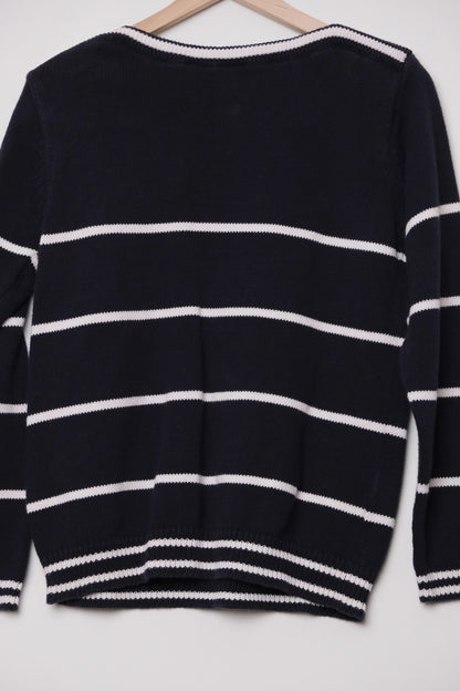Nautical 90's Navy Blue Sailor Stripe Pullover Knit Sweater US 6 M/L, Jason Maxwell