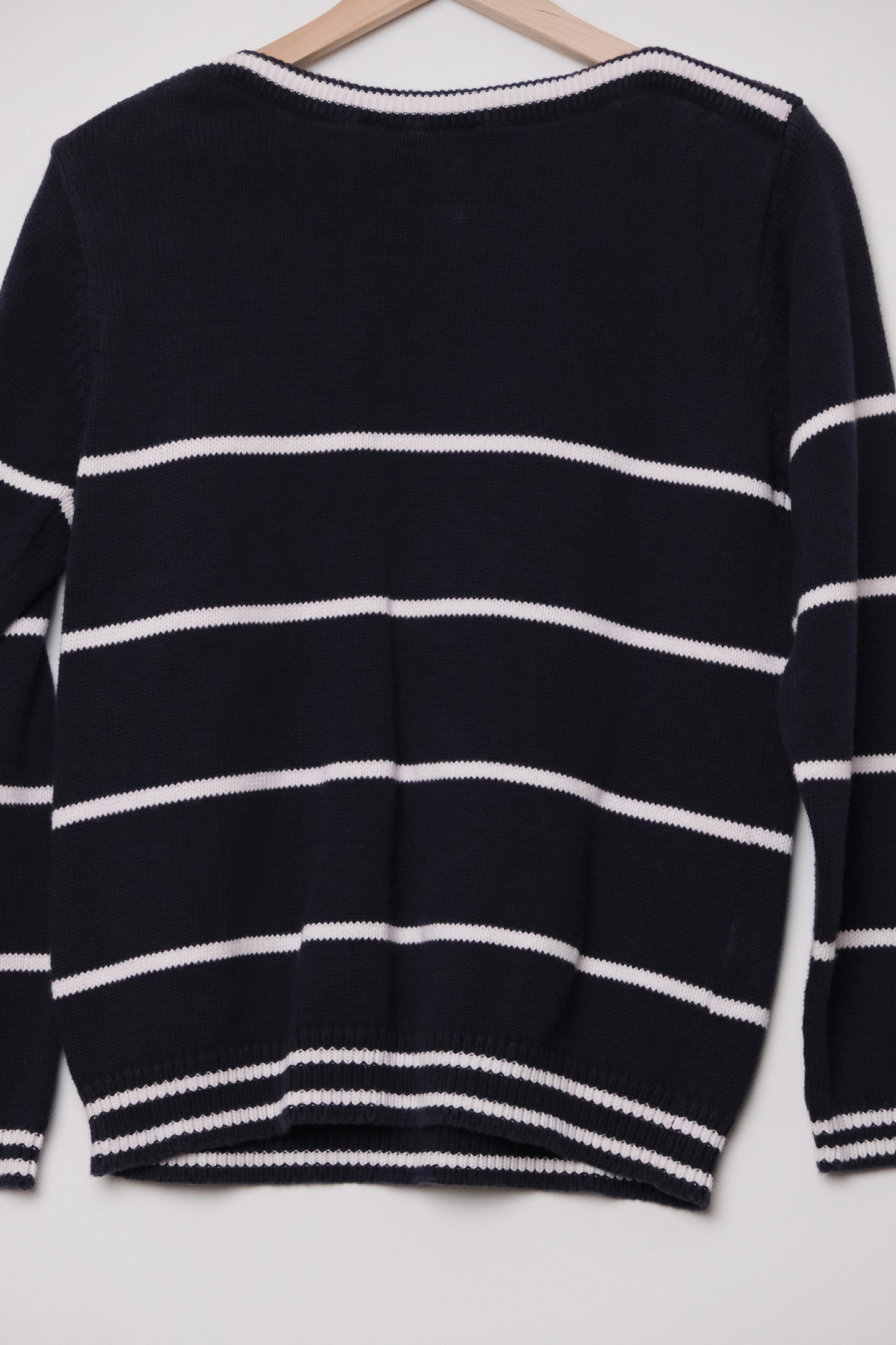90's Navy Blue Sailor Stripe Boatneck Pullover Knit Sweater US 6, Nautical Jason Maxwell