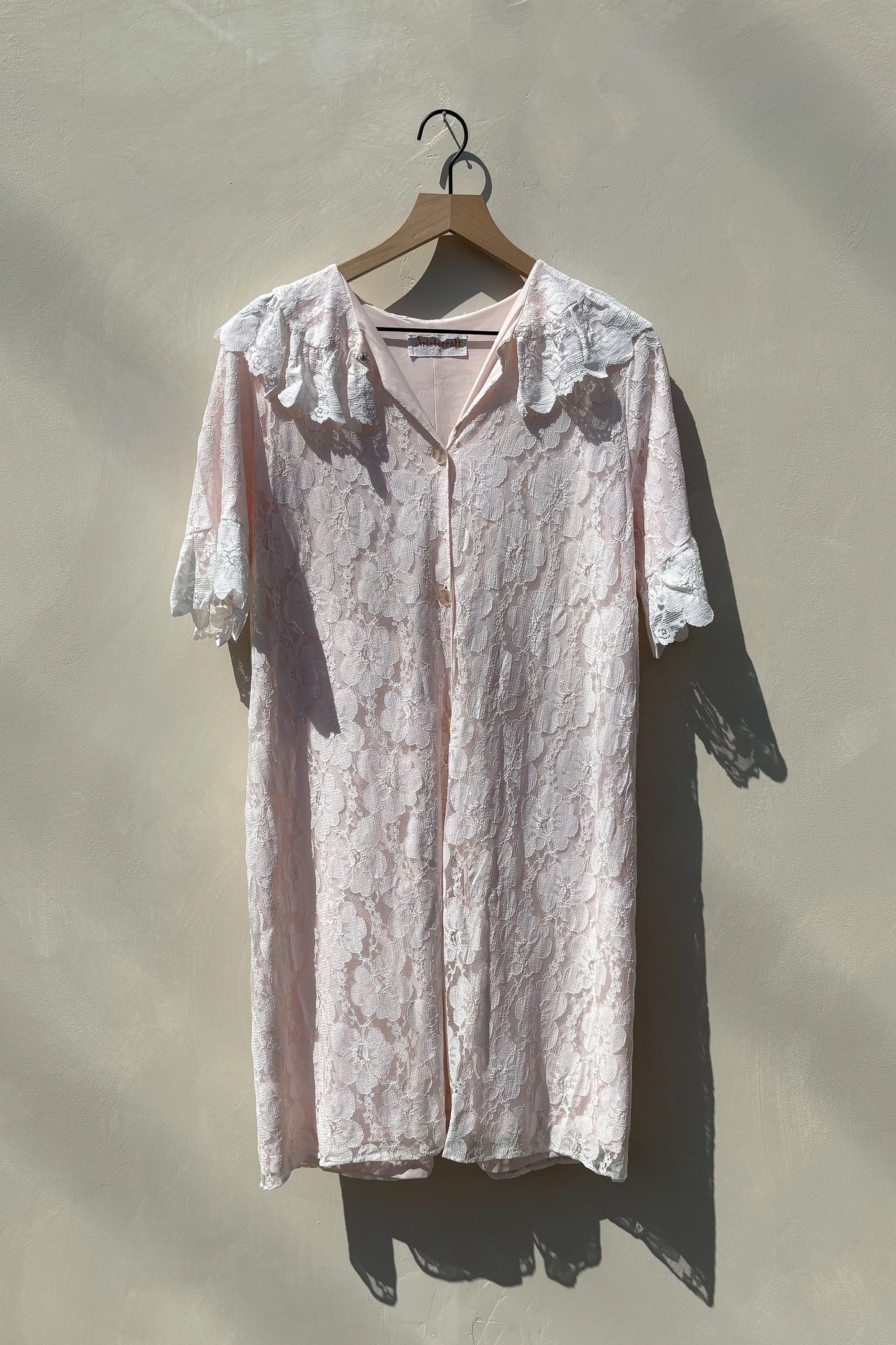 60's Pink Lace Coquette Short Sleeve Nightgown Button Down, US 6/8 M