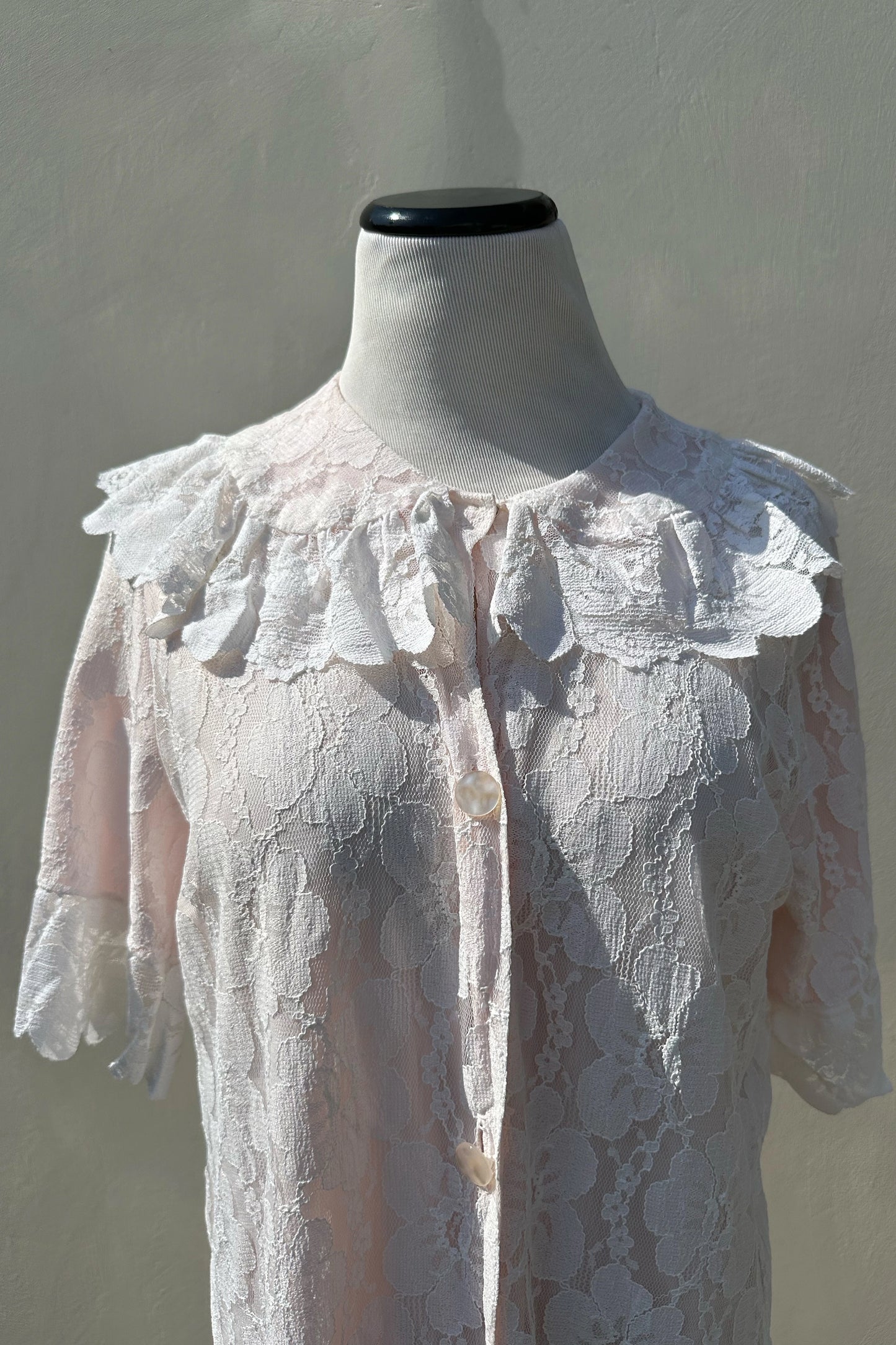 60's Pink Lace Coquette Short Sleeve Nightgown Button Down, US 6/8 M