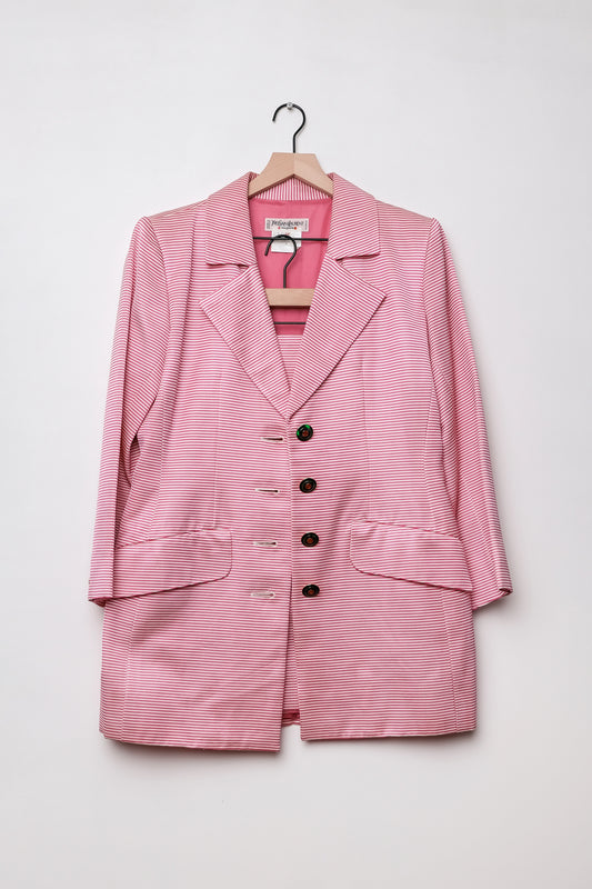 Saint Laurent 80's Hot Pink/White Stripe Jacket Skirt Suit Set, US 10/L