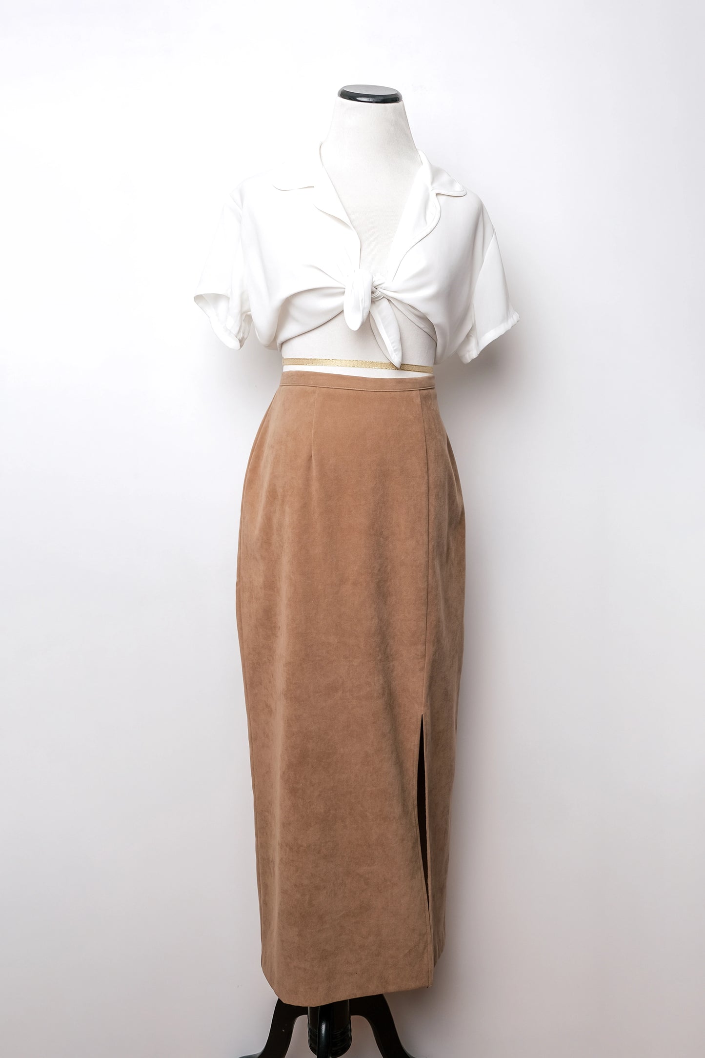 Faux Suede Tan High Waisted Midi Skirt US 8 M/L Y2K First Option Lightweight