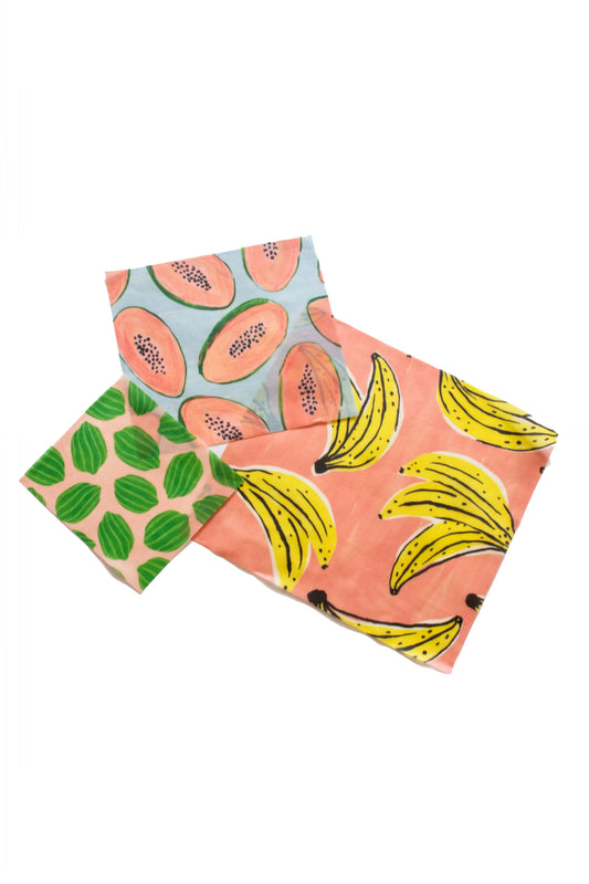 3-Pack Beeswax Wrap, Banana Papaya Watermelon Tropical Fruit Print