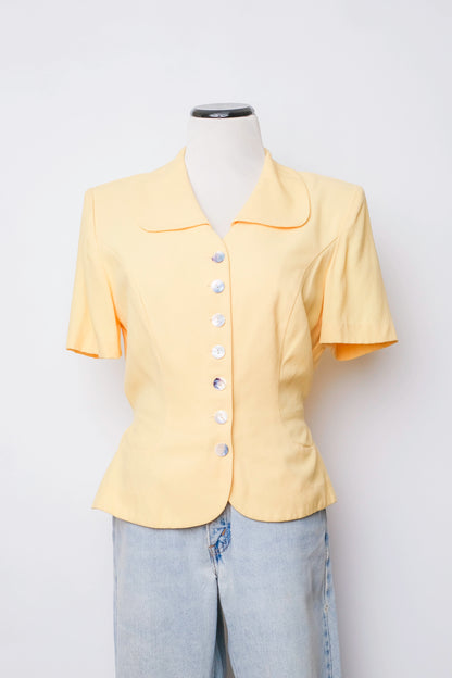 Canary Yellow Virgo II Club Collar Short Sleeve Button Down Blouse US 8, 80's