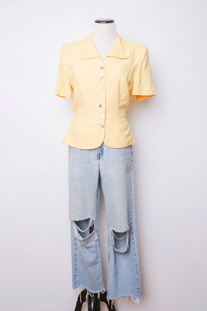 Canary Yellow Virgo II Club Collar Short Sleeve Button Down Blouse US 8, 80's