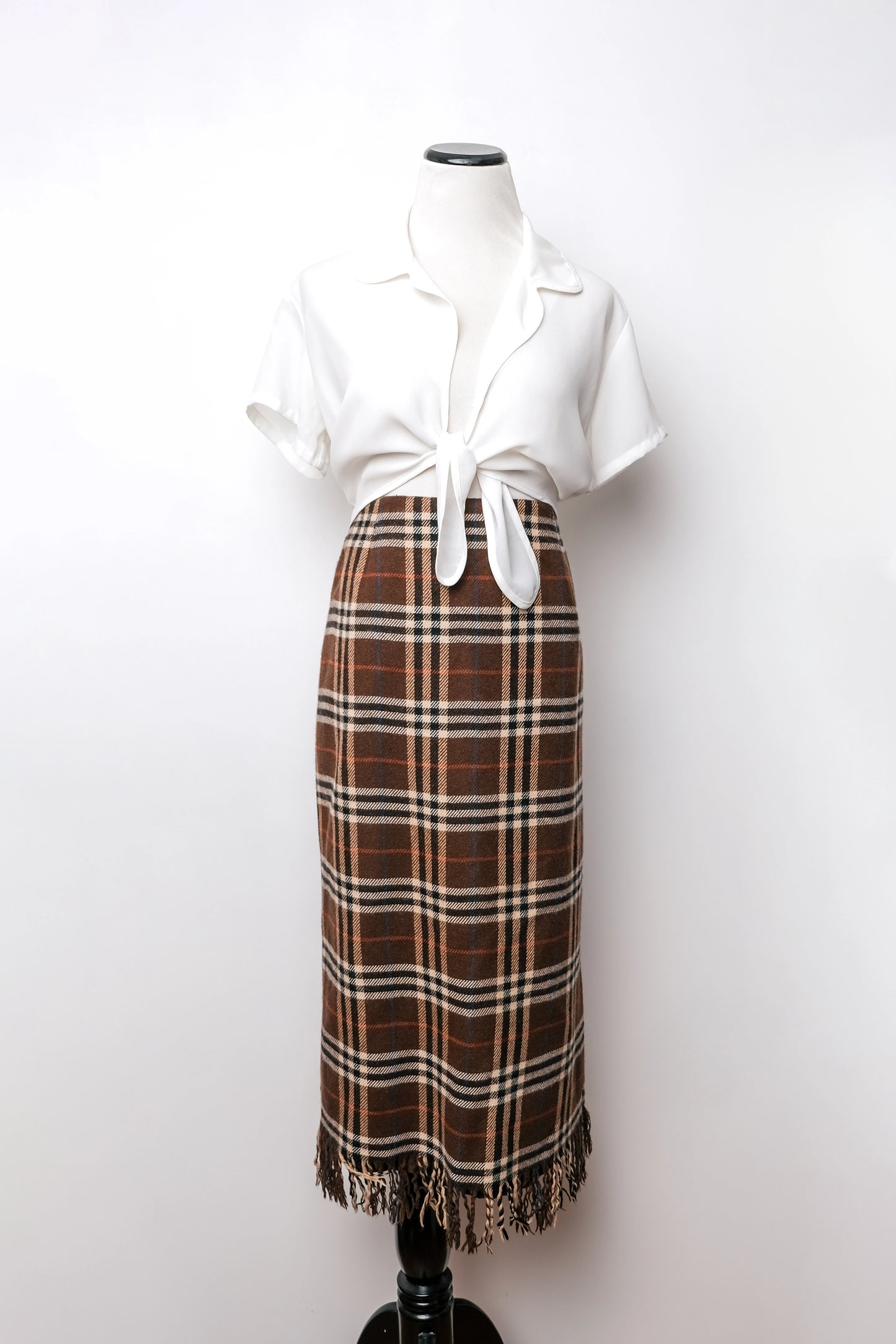 Worthington Petite Wool Blend Brown Plaid Knee Length Skirt 8, 90's
