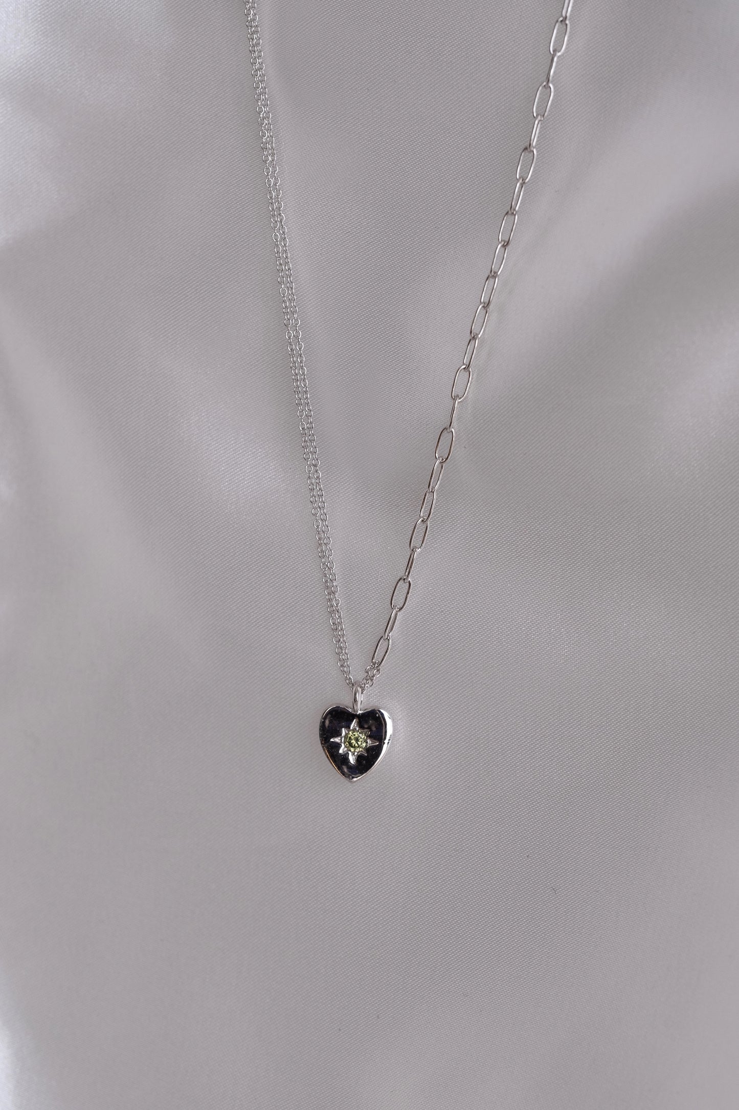 Peridot Heart Silver Double Chain Necklace