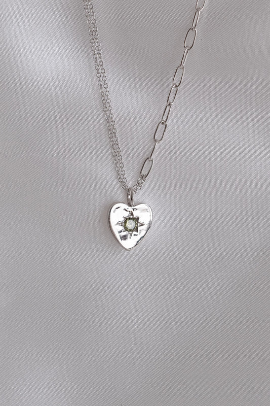 Peridot Heart Silver Double Chain Necklace
